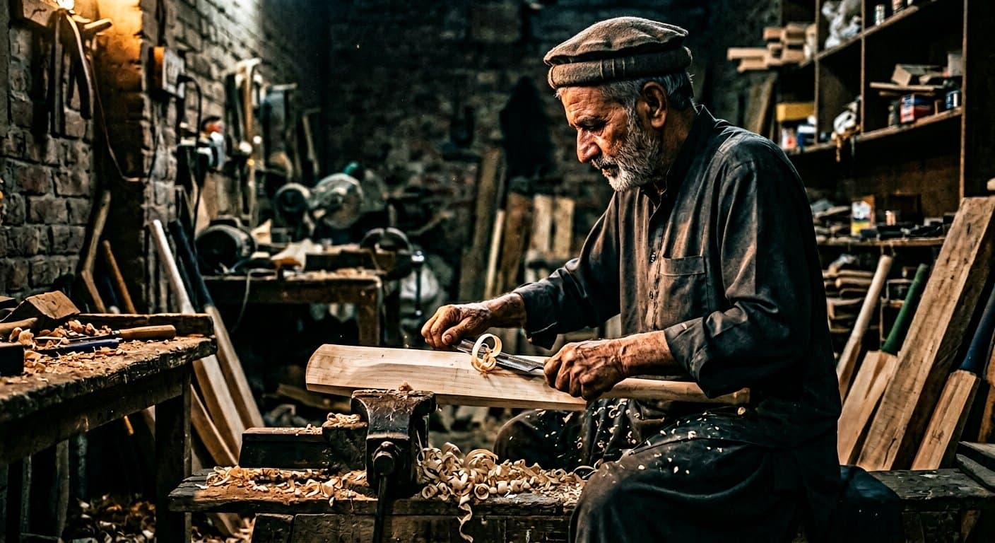 Sialkot craftsman finishing a cricket bat